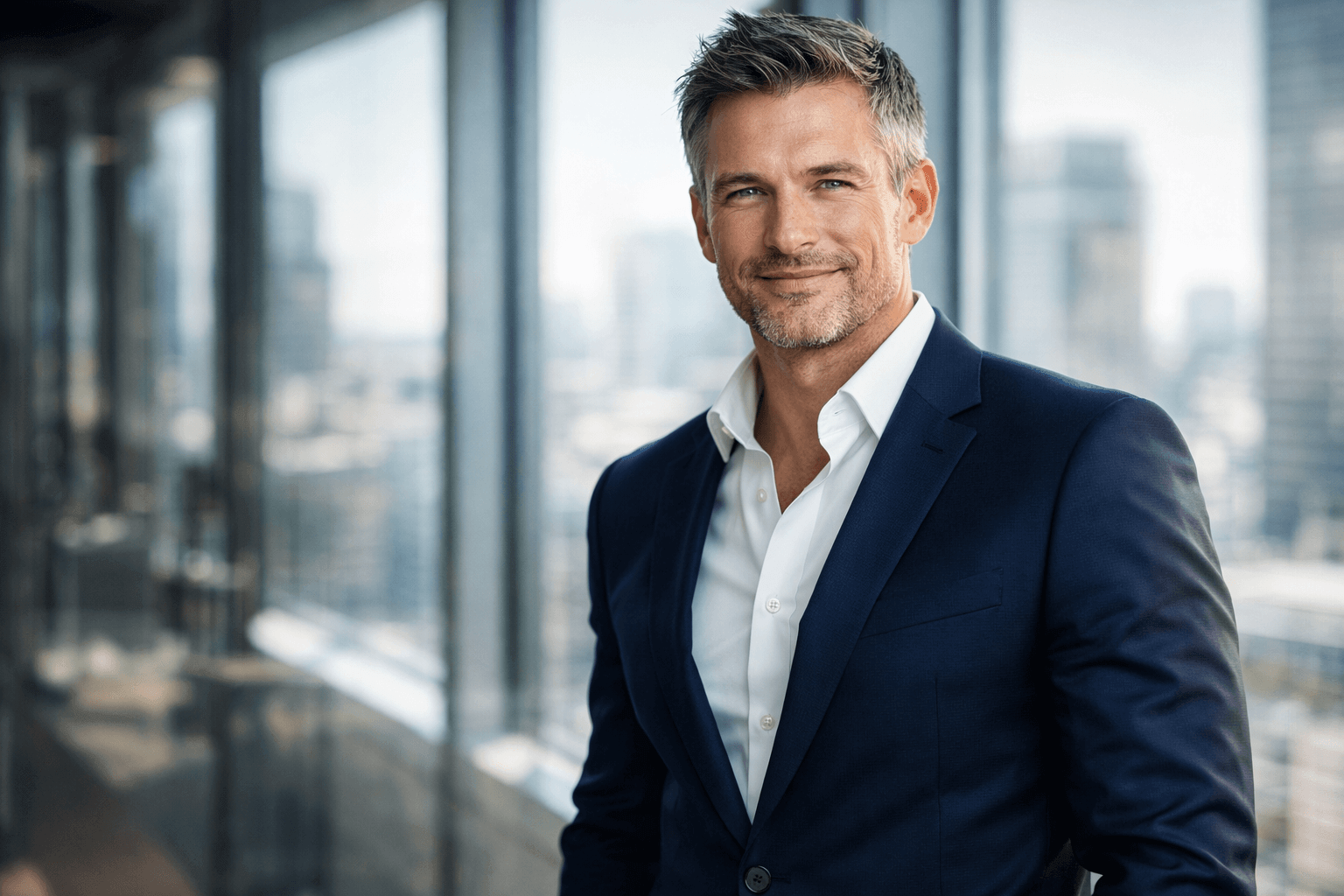 Fitter Geschäftsmann im Anzug als Symbol für erfolgreiches Abnehmen trotz stressigem Job und 50h-Woche.